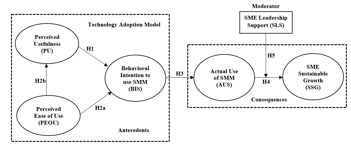 Conceptual model: perceived usefulness and perceived ease of use lead to behavioral intention to use SMM; ease of use also leads to usefulness. Intention leads to actual use, which leads to SME sustainable growth. Leadership support moderates the actual-use to growth relationship. The paths are labeled H1, H2a, H2b, H3, H4 and H5.